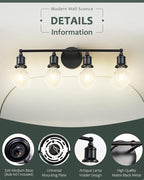 4-Light Vanity Light Fixture, Industrial Black Wall Sconce Lighting Fixture - Image 4