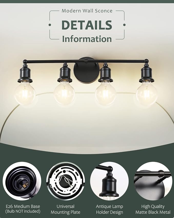 4-Light Vanity Light Fixture, Industrial Black Wall Sconce Lighting Fixture - Image 4