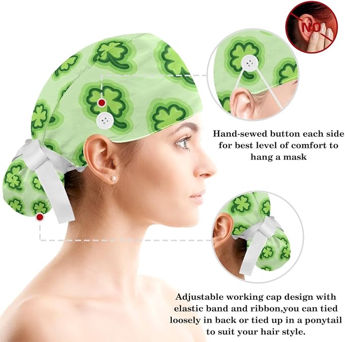 Scrub Caps Women Ponytail Cute Pink and White Leaves Caps Bouffant Working Hat - Image 3