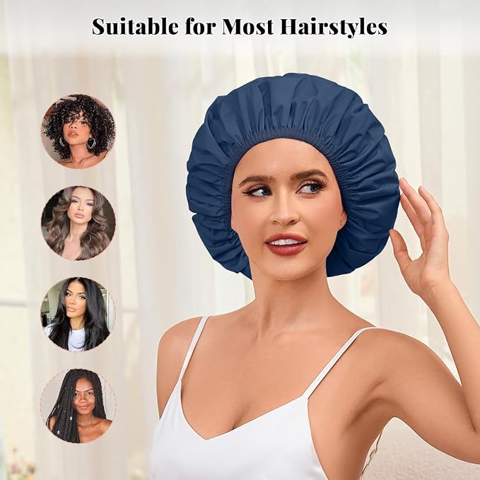 3 Pack Shower Cap for Women Reusable Waterproof, Bath Cap for Long Hair - Image 5
