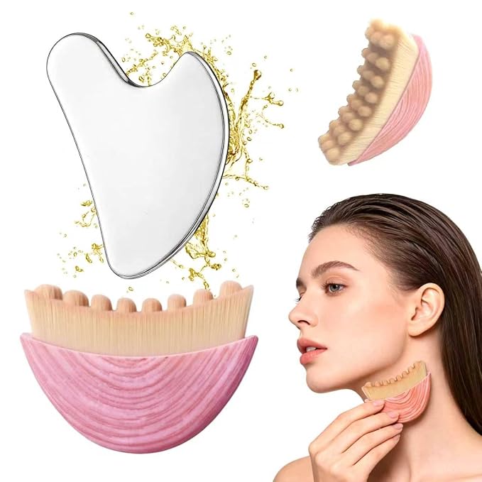 Lymphatic Contour Face Brush & Stainless Steel Gua Sha Tool Set – 2-in-1 Facial by Unknown