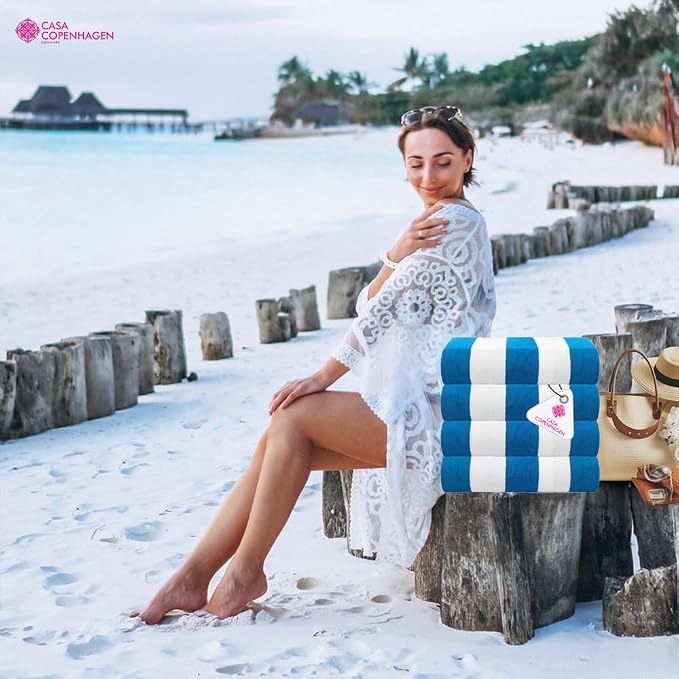 CASA COPENHAGEN Cabana Towel 4Pcs Cyan Designer Stripe Beach Towels Gift Set - Image 5