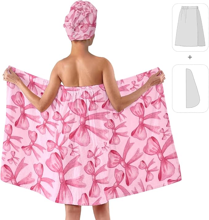 Pink Bow Bath Wrap with Hair Drying Cap – Soft Microfiber Quick Dry Shower - Image 2