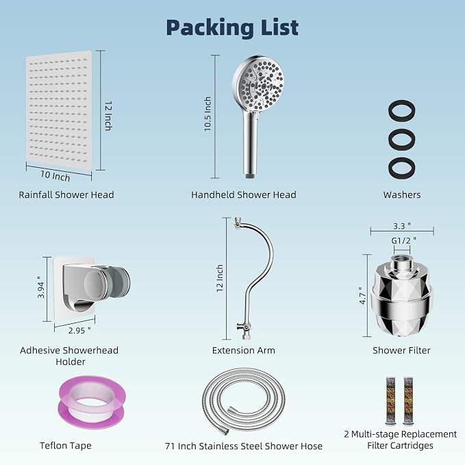 Hibbent All Metal 12'' Dual Filtered Rainfall Shower Head Combo, High Pressure - Image 8
