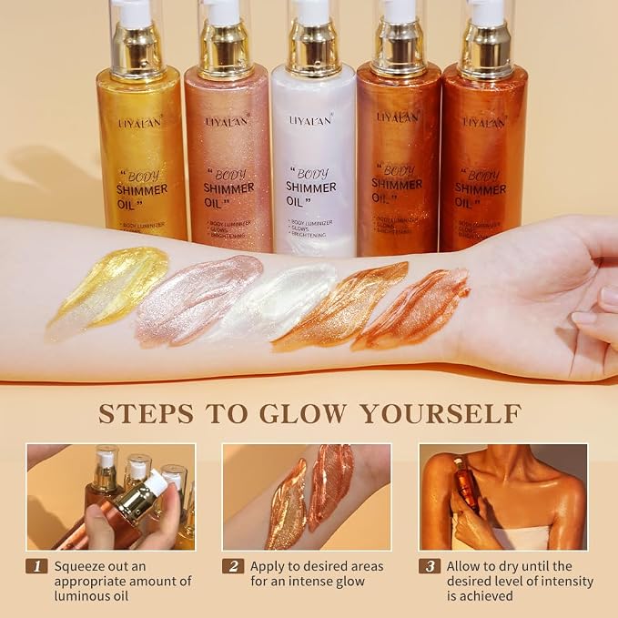 Liyalan Shimmer Body Oil Bronze Gold 5 Color Bronze 3.38 Fl Oz Face Glow Pearl - Image 4