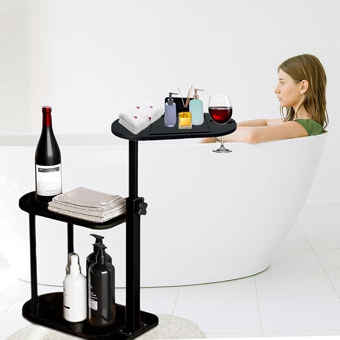 3 Layer Bathtub Tray Table, Bamboo Swivel Bathtub Side Table Height Adjustable by BeGyoku