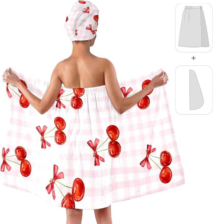 Cherry Bath Wrap with Hair Drying Turban, Quick Dry Spa Wrap Towel - Image 2