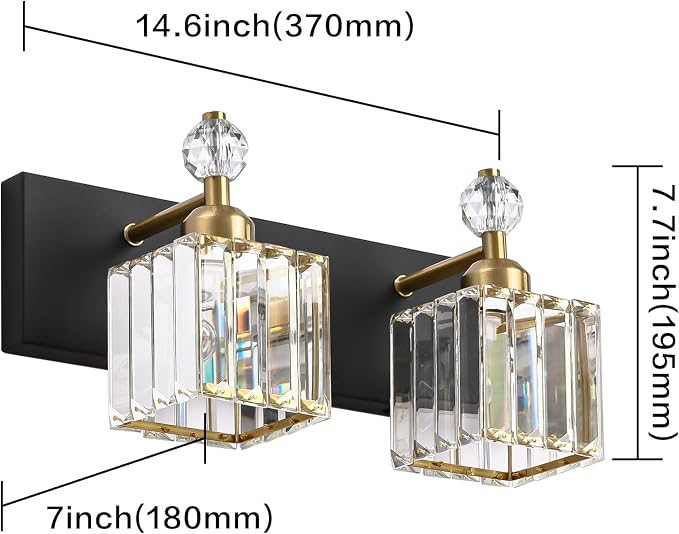 PRESDE Crystal 2 Light Bathroom Vanity Lights Black and Gold Bathroom Lights - Image 4