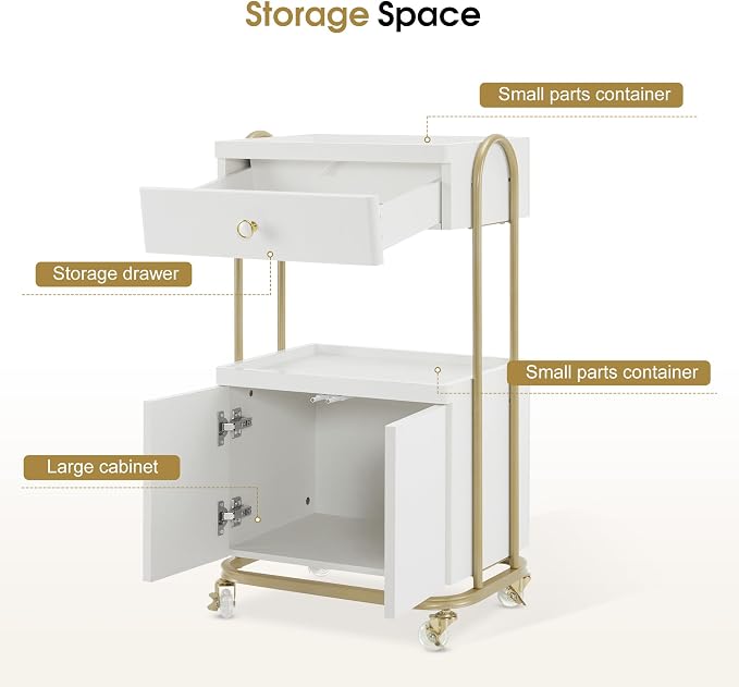 BarberPub Salon Trolley with Universal Wheels, Storage Rolling Cart with Drawer - Image 3