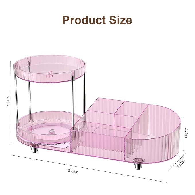 360 Rotating Vanity Makeup Organizer, 2 Small Trays & 5 Compartments - Image 7