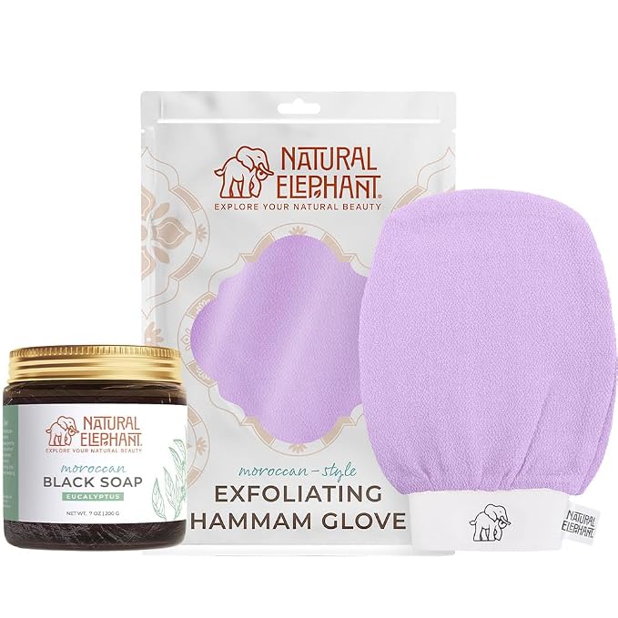 Natural Elephant Moroccan Black Soap 200g and Exfoliating Hammam Glove Combo by NaturalElephant