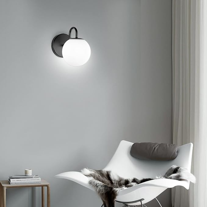 Industrial Bedroom Wall Sconce Black Indoor Wall Light Fixture Milk White Globe - Image 2