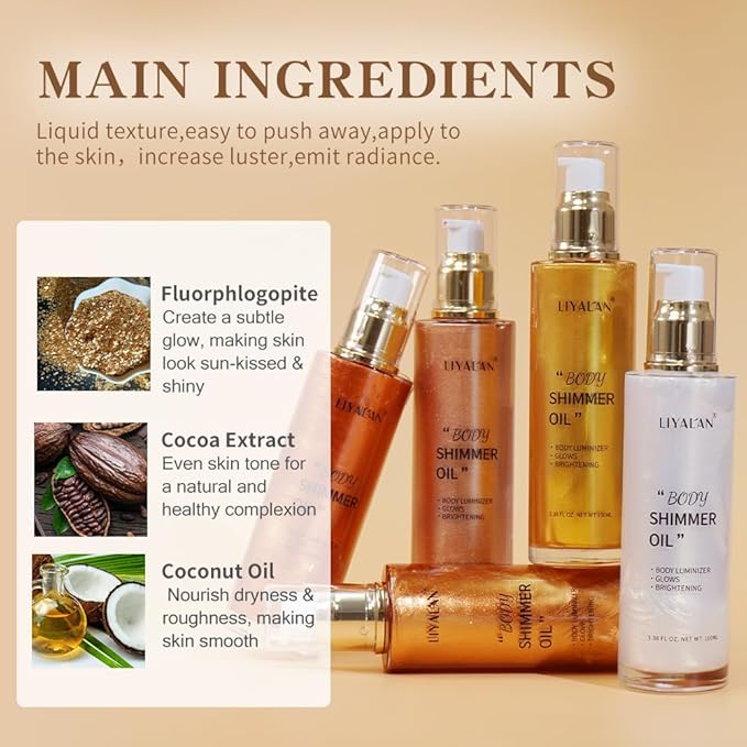 Liyalan Shimmer Body Oil Bronze Gold 5 Color Bronze 3.38 Fl Oz Face Glow Pearl - Image 8