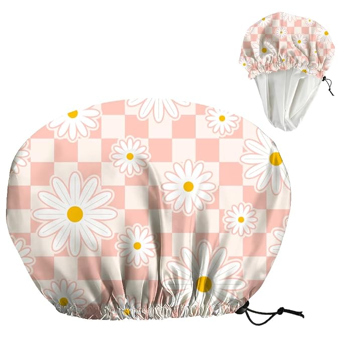 Pink Daisy Reusable Shower Cap Buffalo Check Double Layer Waterproof Shower by DELORIGIN