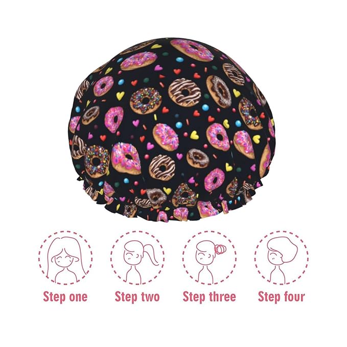 Doughnut Donuts Shower Cap For Women Reusable Waterproof Double Layers Bath Cap - Image 6