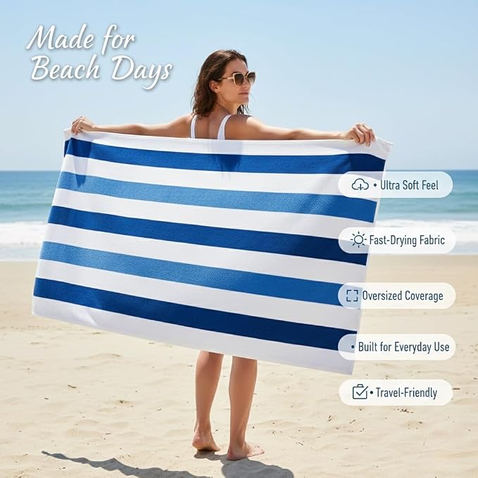 Premium Velour Cabana Beach Towel 2 Pack, 30” x 60” Soft Plush Cotton Pool Towel - Image 2