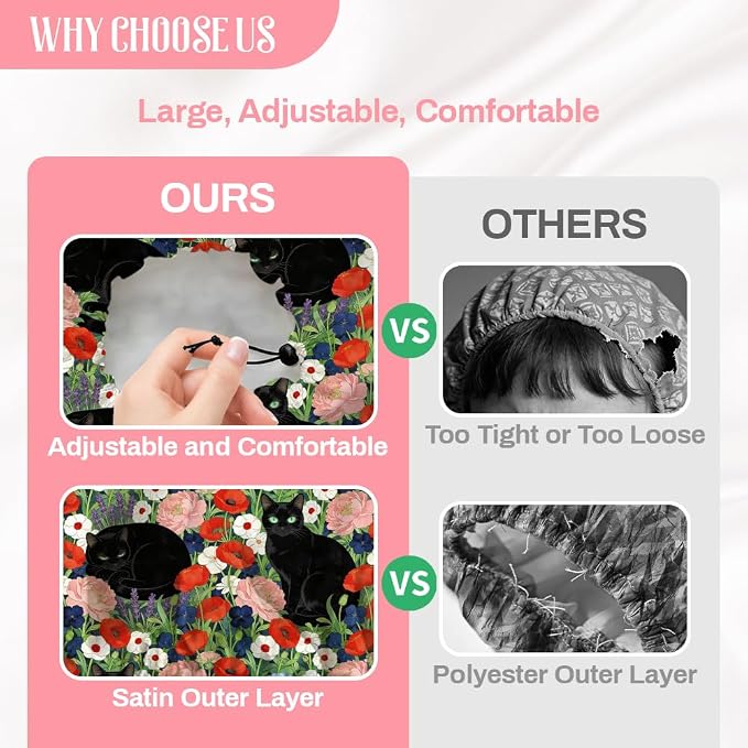 Black Cat Reusable Shower Cap Flower Double Layer Waterproof Shower Caps Large - Image 4