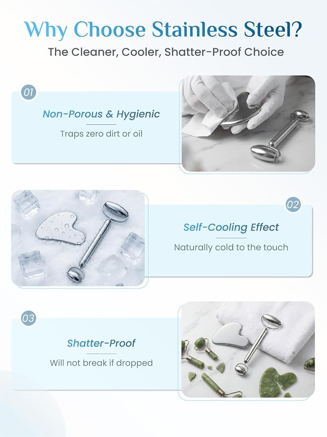 Rena Chris Gua Sha and Face Roller Set: Anti-Breakage Stainless Steel Roller - Image 3