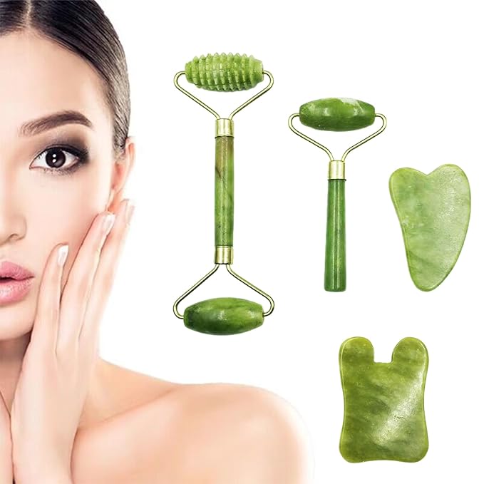4-PCS Gua Sha Set, Skin Care Roller, Jade Roller Set, Face Stone Facial Roller - Image 3