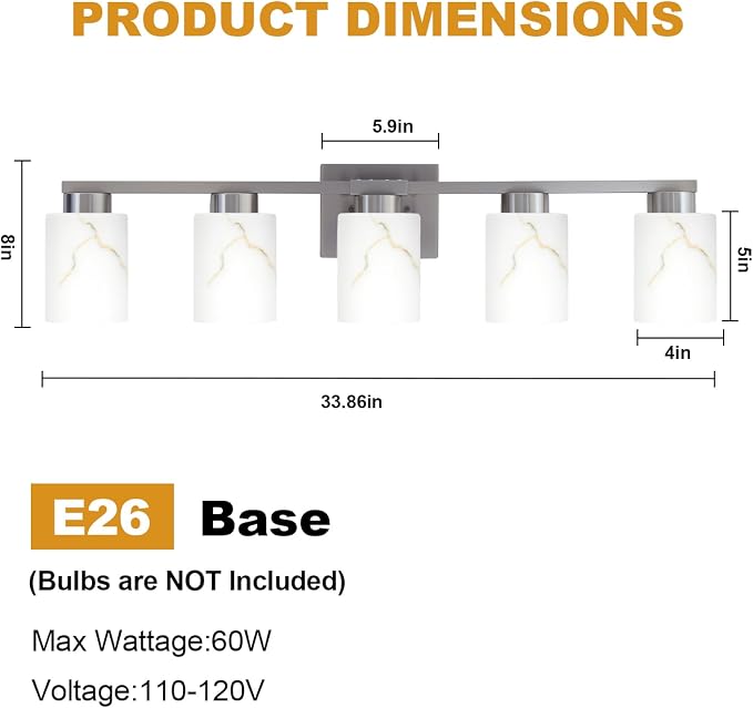 5-Light Bathroom Light Fixtures, Modern Vanity Lights, Brushed Nickel Metal - Image 2