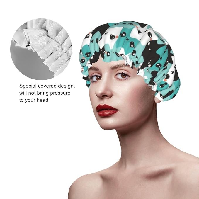 Cat Pattern Shower Cap For Women Reusable Waterproof Double Layers Bath Cap - Image 3