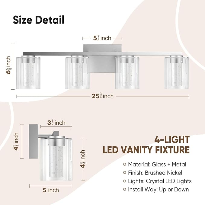 LED Modern Bathroom Light Fixtures Over Mirror, 4-Light Brushed Nickel Vanity - Image 5