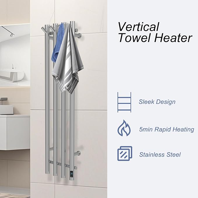 Electric Heated Towel Rack Warmer, Wall Mounted, Stainless Steel, 4 Bar - Image 6