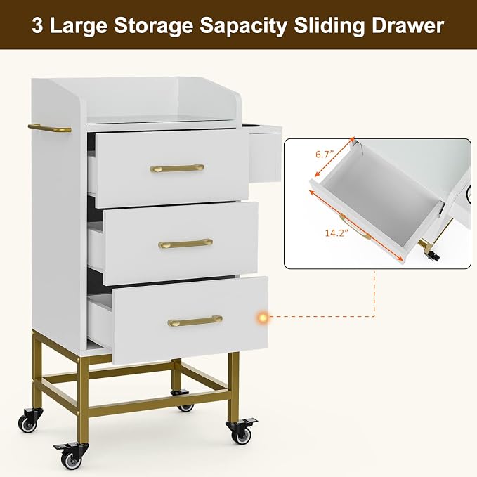 Paddie Beauty Salon Storage Trolley Cart, Glass Top Hair Station Cabinet - Image 4