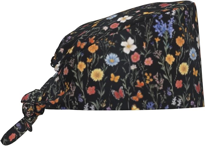 Scrub Cap for Women and Men Boho Black Leaf Pattern Adjustable Breathable by SUPLUCHOM