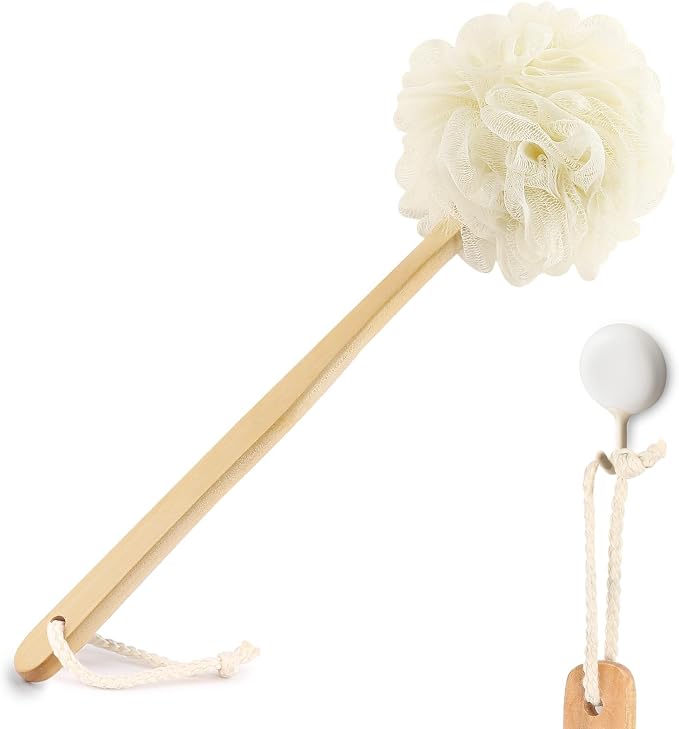 White Loofah on a Stick PE Soft Mesh Luffa Made of Soft and Sturdy Rubber by FORENEE
