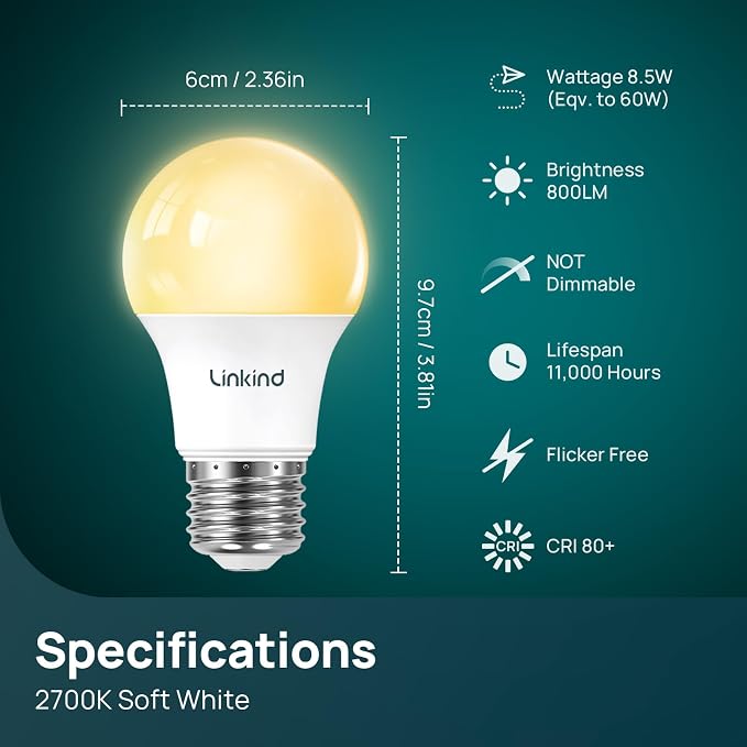 Linkind A19 LED Light Bulbs, 60W Equivalent, 8.5W Energy Efficient, 2700K Soft - Image 2