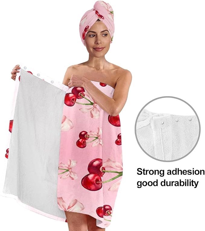 Women's Cherry Bow Shower Wrap and Hair Towel Set – Pink Quick Dry Microfiber - Image 2