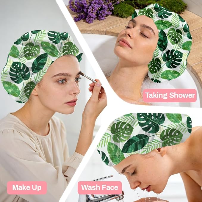 Tropical Leaves Reusable Shower Cap Green Monstera Double Layer Waterproof - Image 6