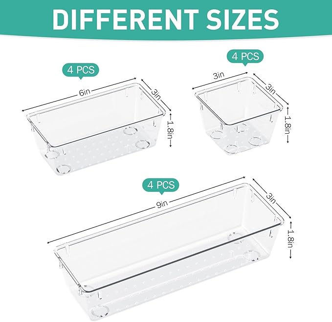 WOWBOX 12 Pack Clear Drawer Organizer Set, Acrylic Drawer Storage Trays - Image 2