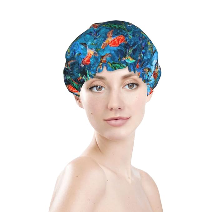 Sea Turtle Shower Cap For Women Adjustable Double Waterproof Layers Bathing - Image 3
