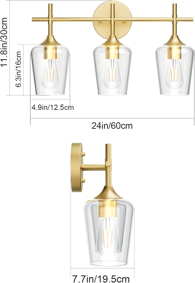 Ralbay Gold Bathroom Vanity Light 3-Lights Vintage Gold Vanity Lights Wall - Image 5