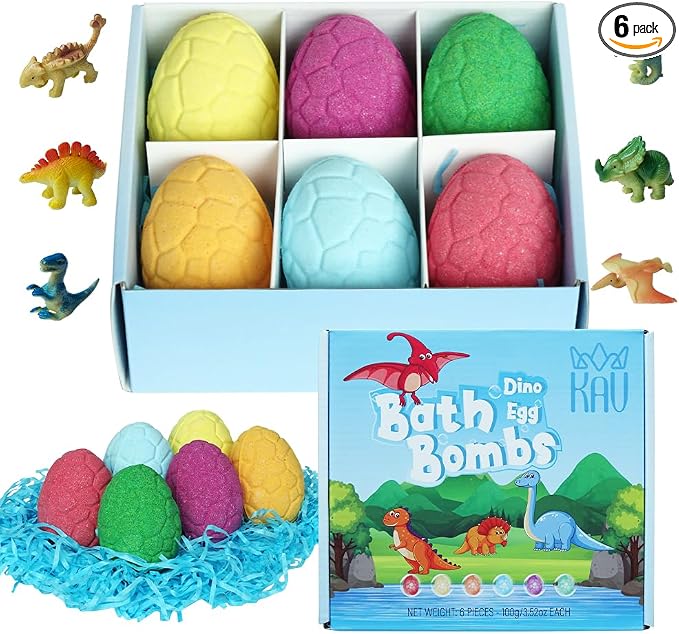 KAV Dinosaur Egg Bath Bombs for Kids – 6pc Fizzy Dino Bath Bomb Gift Set by KAV
