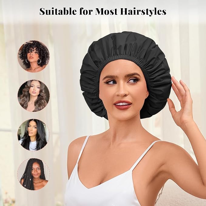 3 Pack Reusable Shower Cap for Women, Waterproof Hair Cap for Shower and Bath - Image 5