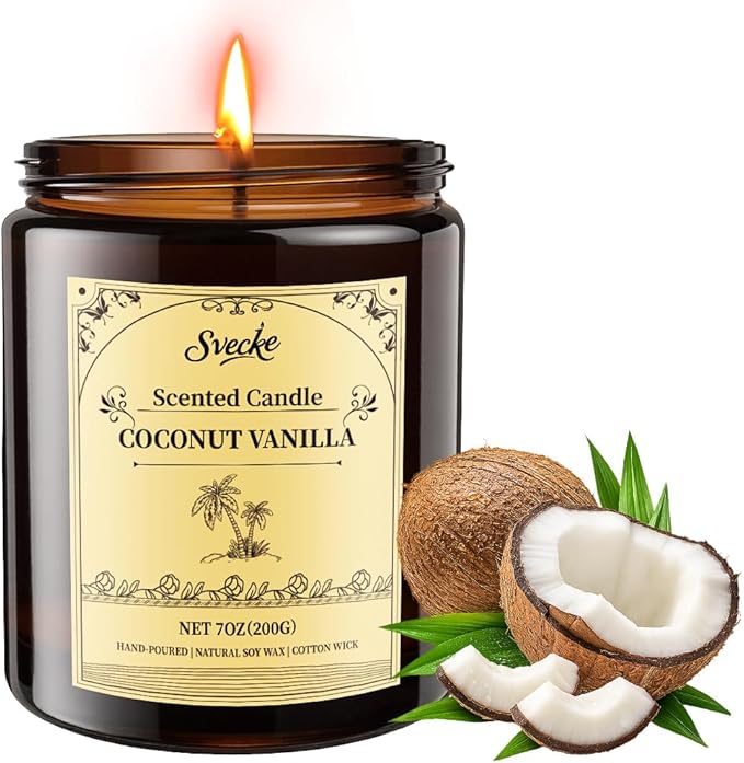 Coconut Vanilla Scented Candles, 7oz Soy Wax Candle, Long Lasting Aromatherapy by SVECKE