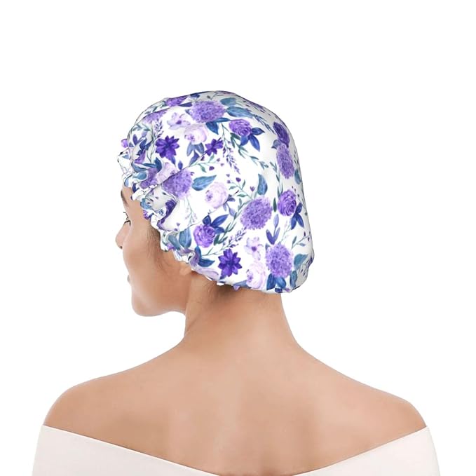 Violet Purple Rose Shower Cap For Women Adjustable Double Waterproof Layers - Image 8