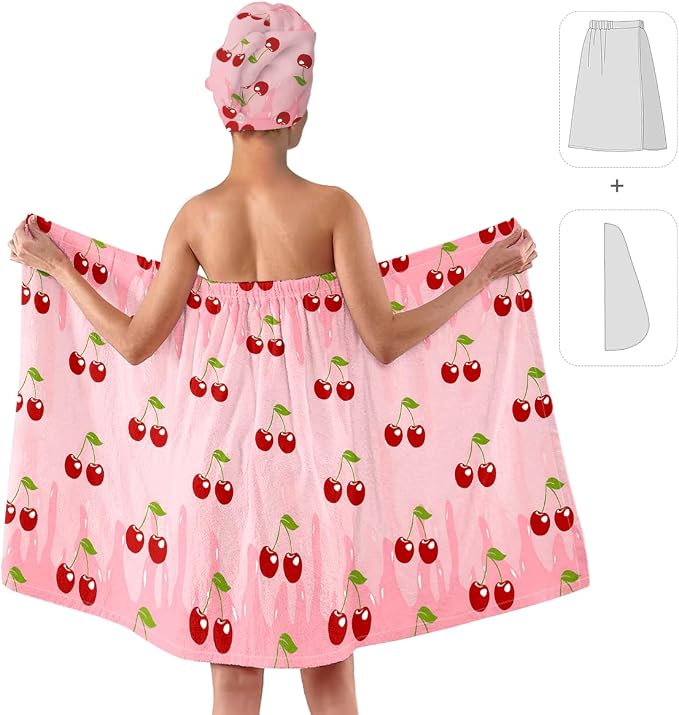 Women’s Cherry Print Bath Wrap and Hair Towel Set, Soft Absorbent Microfiber - Image 2
