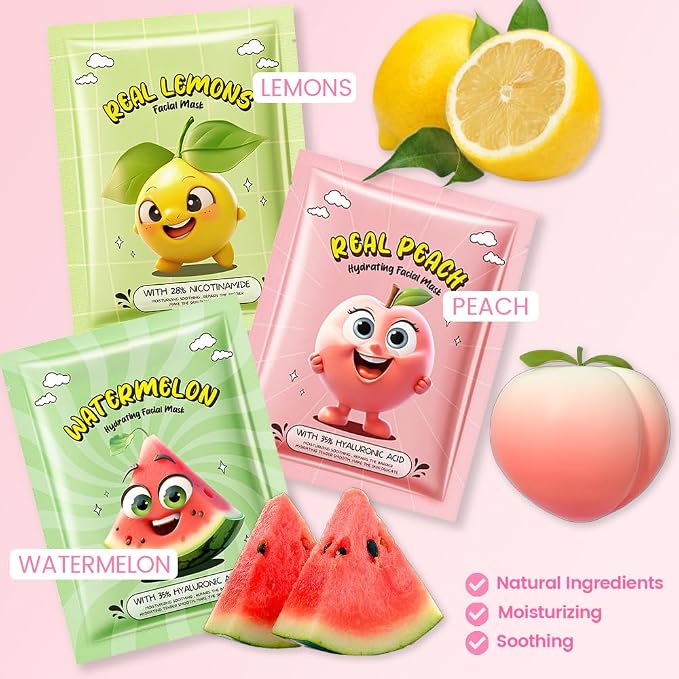 Kaely 6 Pack Fruit Face Masks for Kids, Kids Face Mask Spa Day Kit Supplies - Image 3