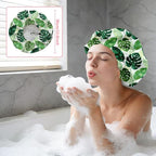 Tropical Leaves Reusable Shower Cap Green Monstera Double Layer Waterproof - Image 5