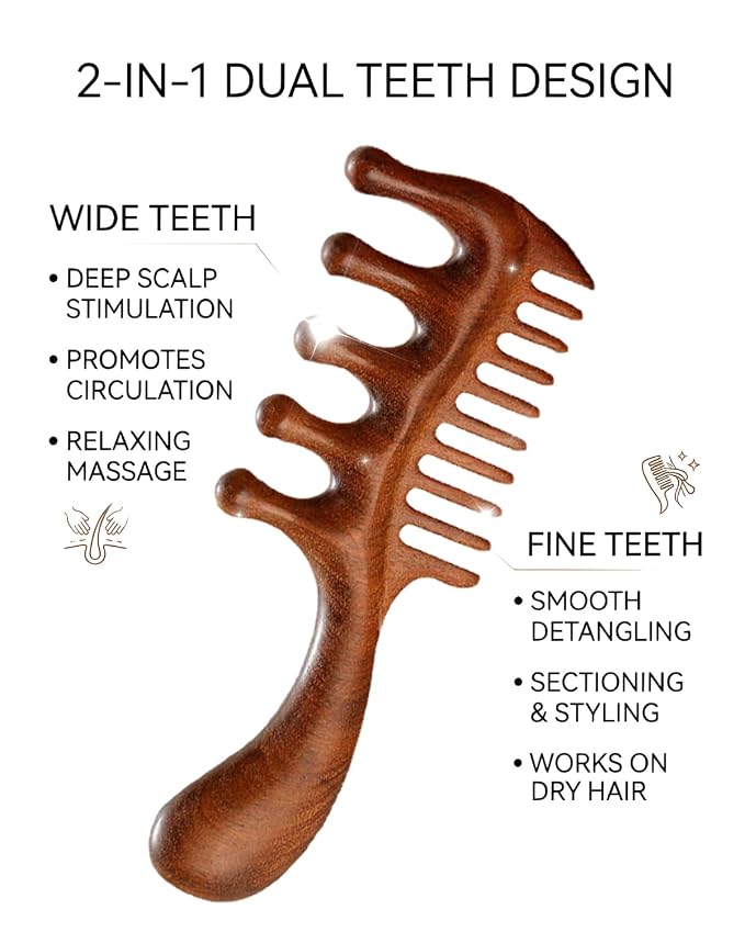 Wooden Scalp Massager Comb – Natural Wood Wide & Fine Tooth - Image 2