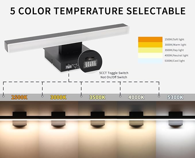 Joossnwell Black Bathroom Vanity Light Fixtures Dimmable 5CCT LED Bathroom - Image 2