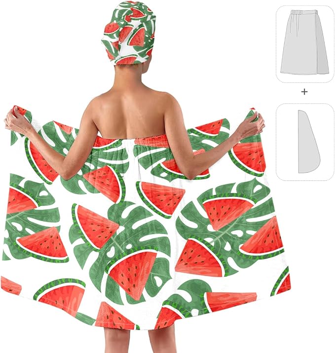 Watermelon Leaf Print Bath Wrap and Hair Drying Towel Set - Image 2
