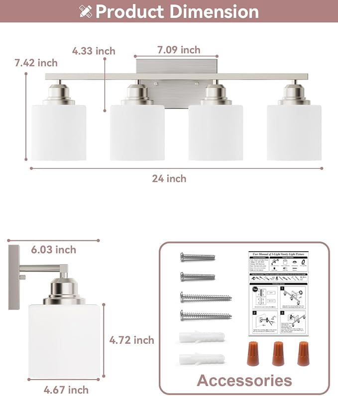 Sailstar 4-Light Bathroom Light Fixtures Over Mirror, Glass Shade & Anti-Rust - Image 4