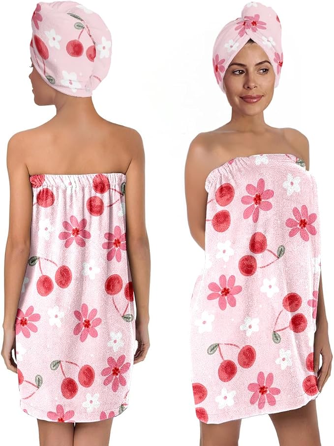 Cherry Blossom Bath Wrap with Hair Drying Towel – Soft Pink Microfiber Shower by QIULIBMH