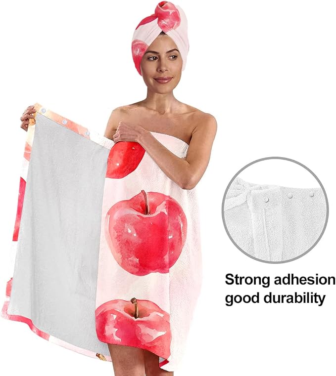 Women’s Watercolor Apple Bath Wrap and Hair Towel Set, Soft Absorbent - Image 4