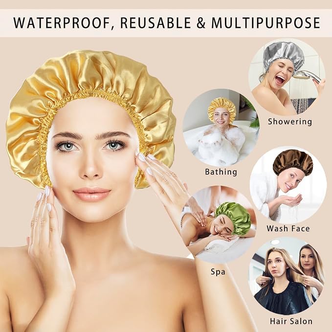 4 PCS Shower Cap for Women, Elastic and Reusable Bath Caps, Double Layers - Image 2